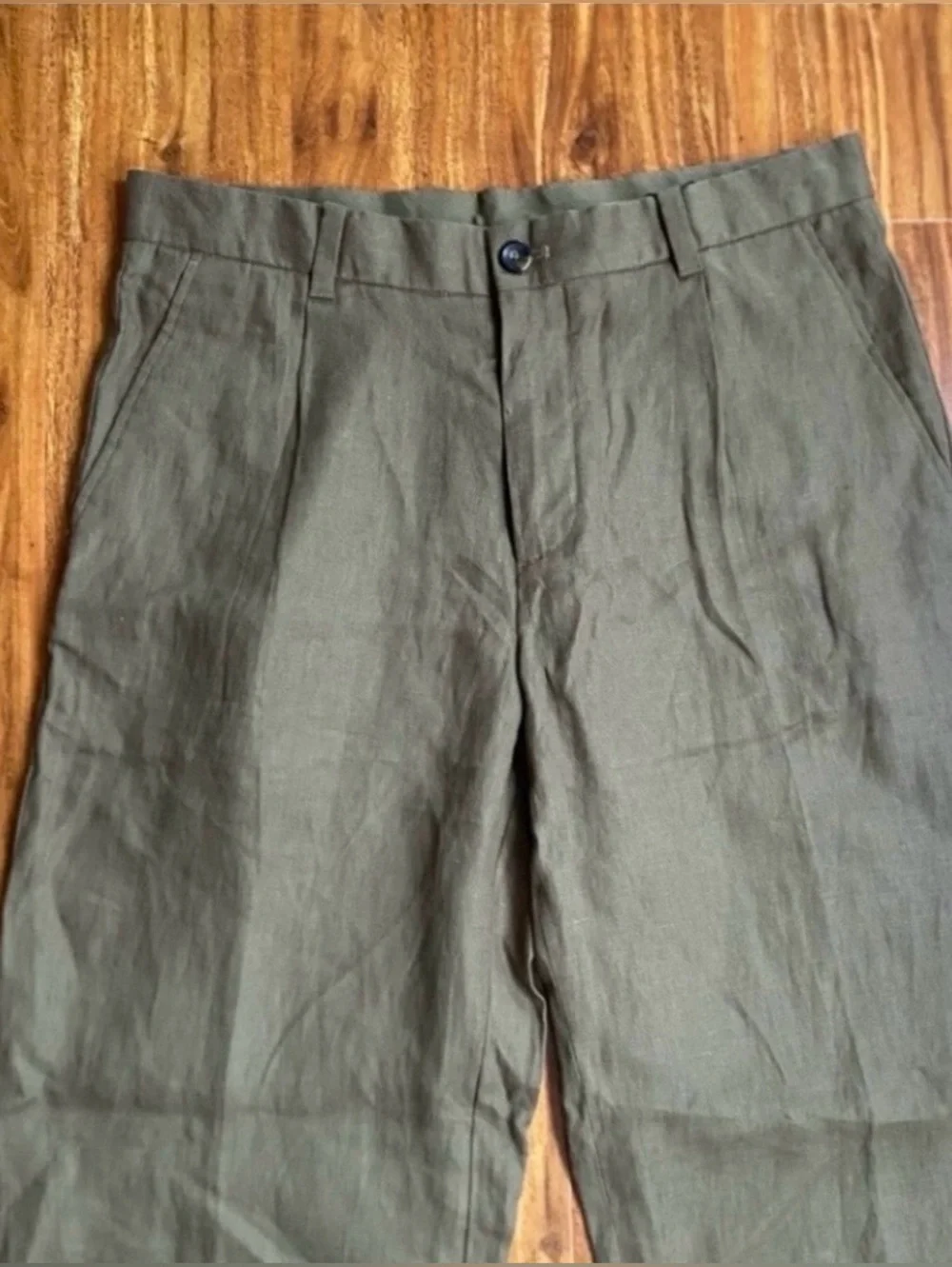 NWT Mango Womens Olive 100% Linen High Waist Straight Pant Size 32 Minimalist